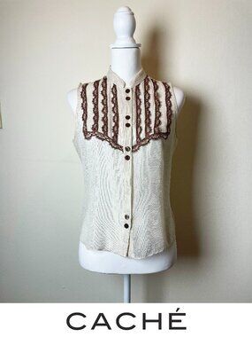 VTG Caché Silk Lurex Sleeveless Blouse Cream Gold Shimmer | Brown Lace Small EUC